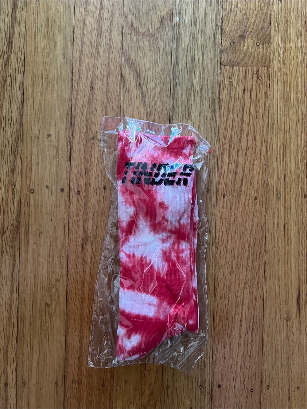 Tie-Dye Red & White Crew Socks with Black Tinder Logo